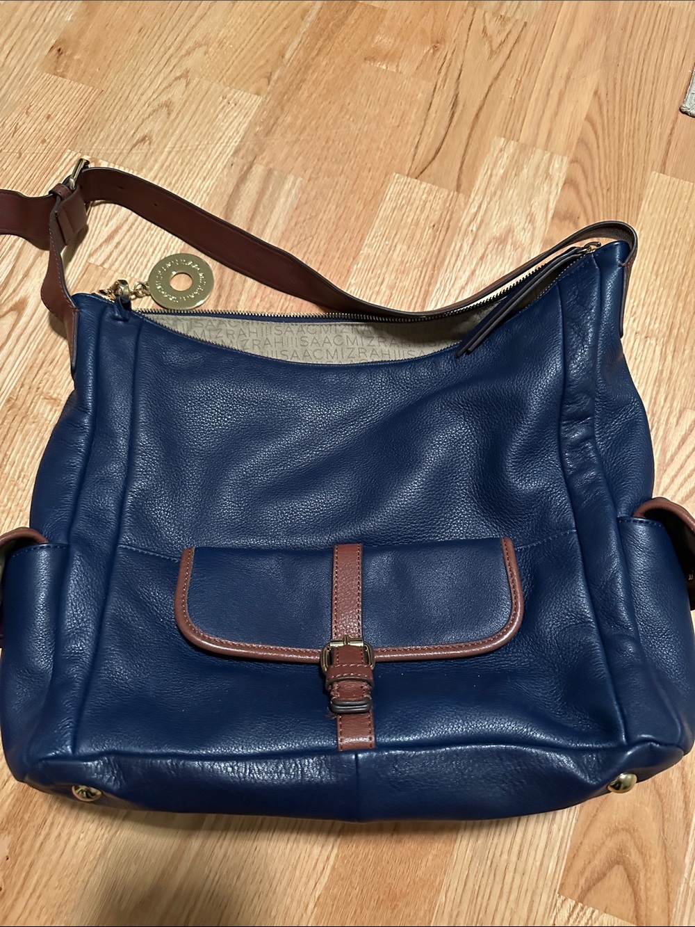 Isaac Mizrahi Navy Leather Shoulder Bag with Brown Trim